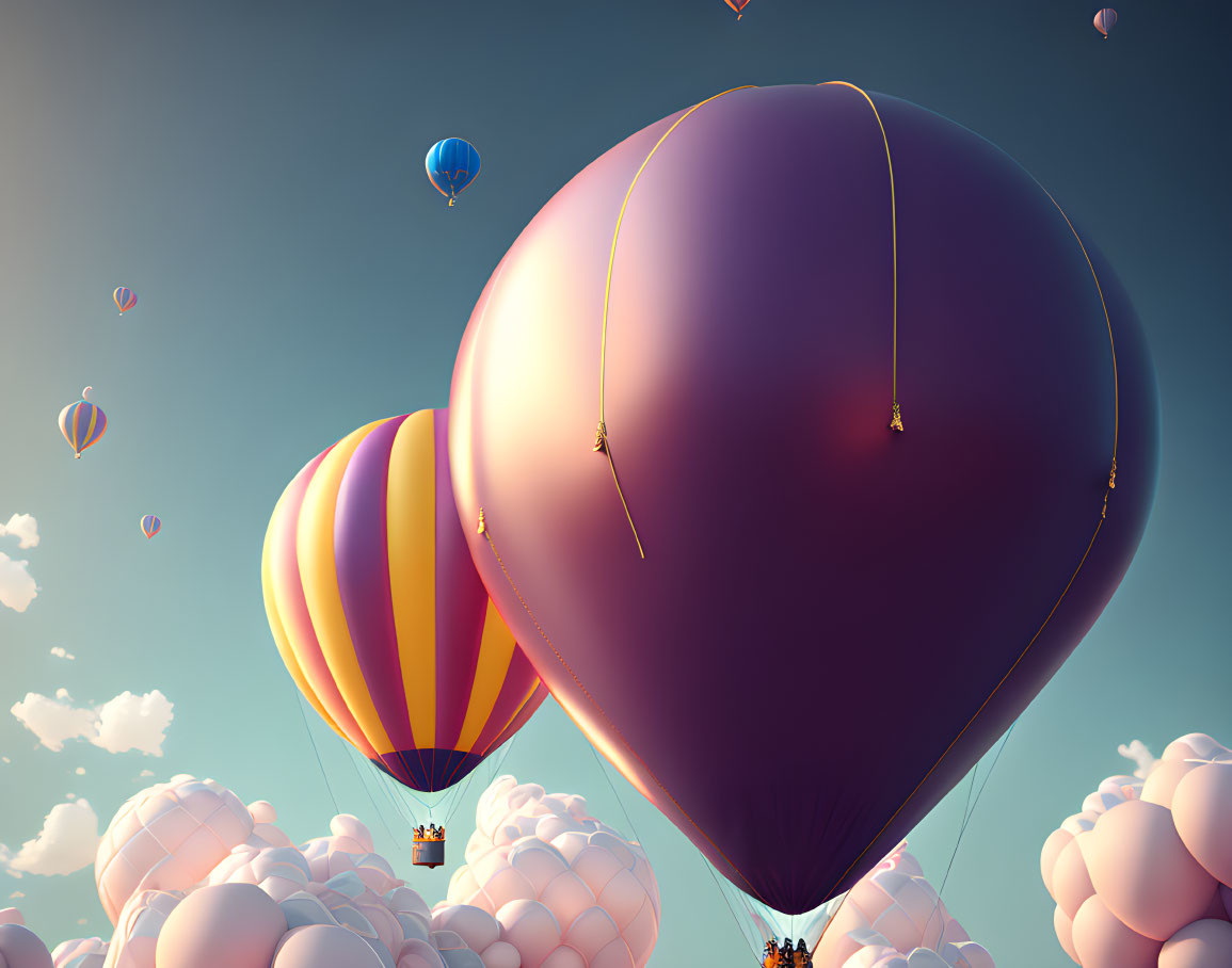 Vibrant hot air balloons float in blue sky with fluffy clouds and tiny figures in baskets