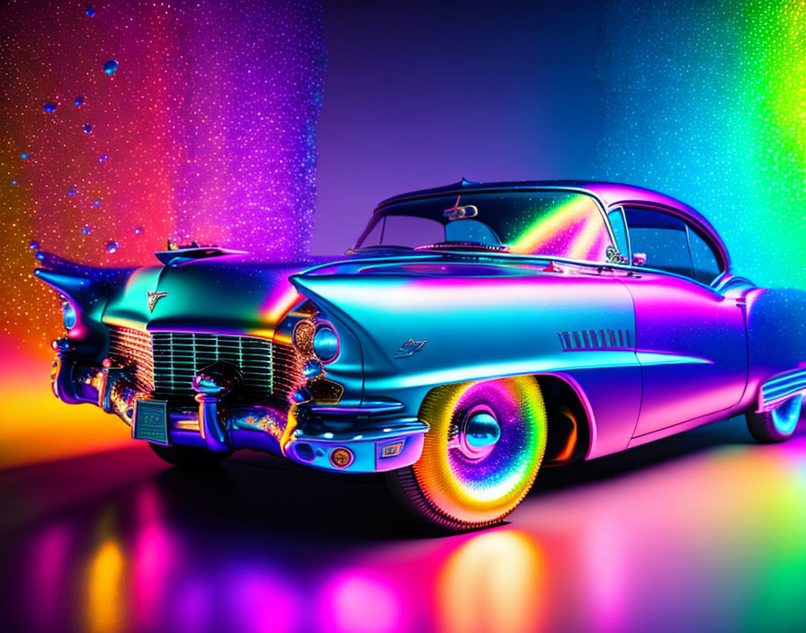 Classic Car with Neon Lights on Glittery Background