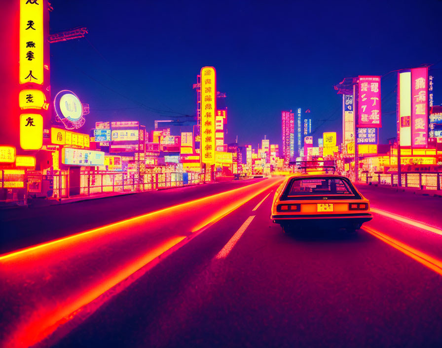 Neon-lit street at night with vibrant reds and blues