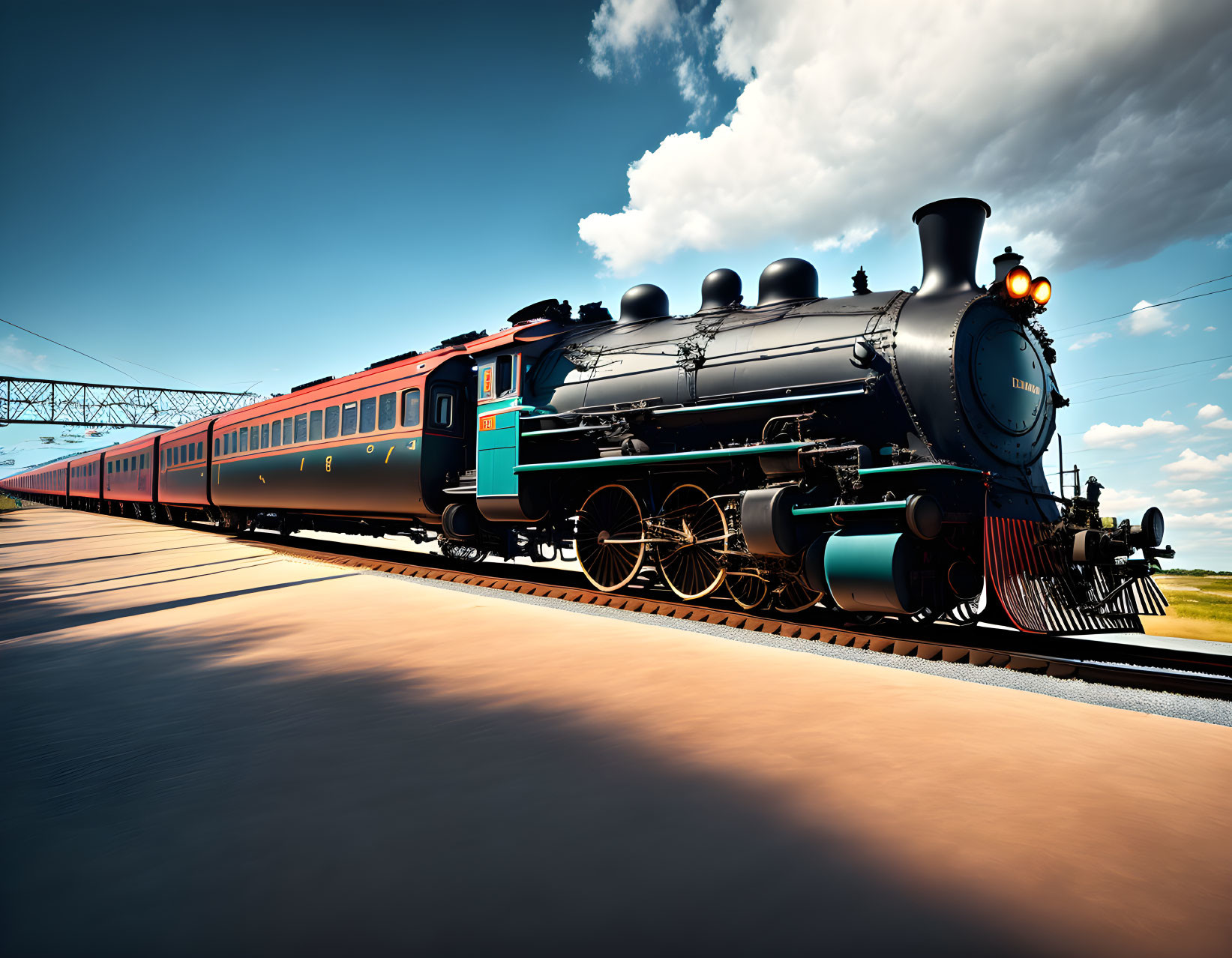 Vintage Steam Locomotive Pulling Passenger Cars on Sunny Day