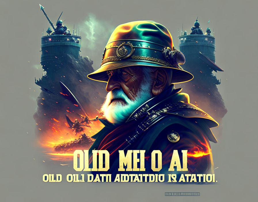 Elderly Military Man in Steampunk Attire with Towers and Stylized Text