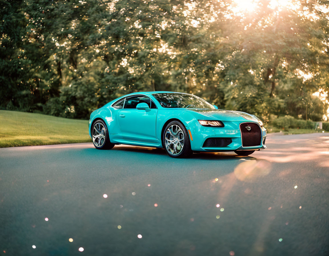 Bright Blue Sports Car Parked on Asphalt Road with Sunset Sky