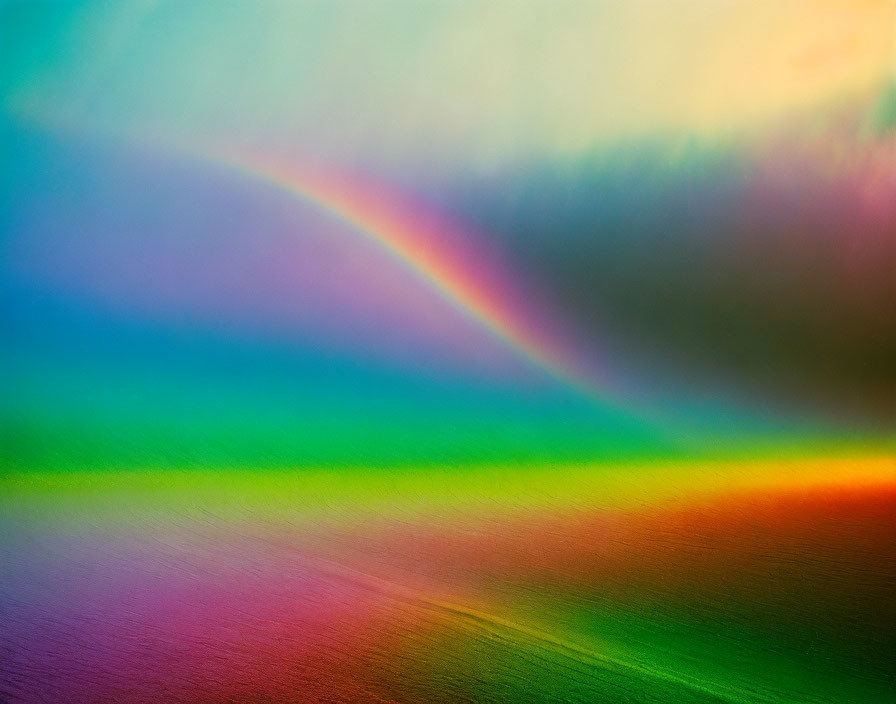 Colorful rainbow over misty sky casting spectrum on textured surface