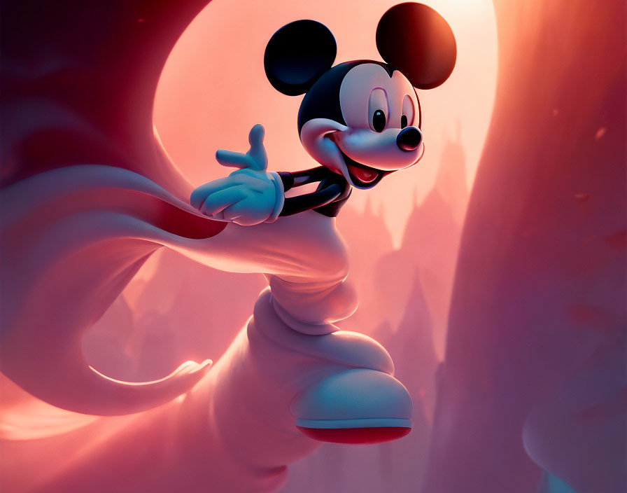 Dynamic Mickey Mouse with castle silhouette in warm lighting