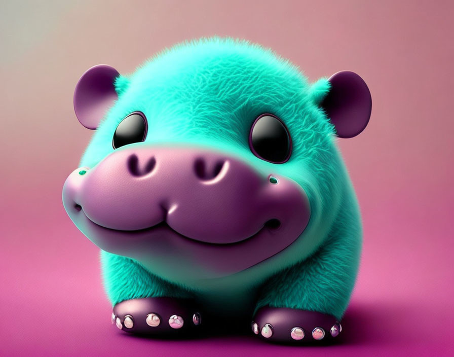 Fuzzy teal hippopotamus cartoon on pink background