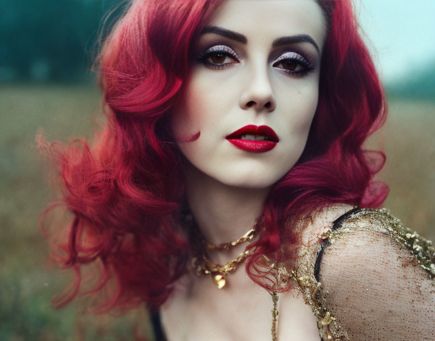 Vibrant red hair woman with bold makeup in golden jewelry against natural backdrop