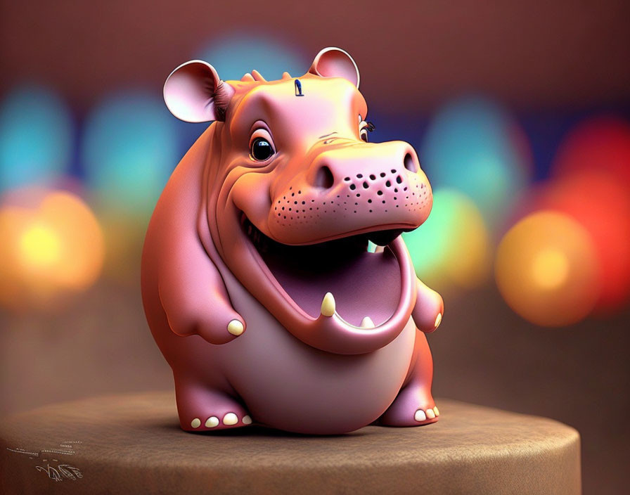 Cheerful cartoon hippopotamus on platform with colorful bokeh background