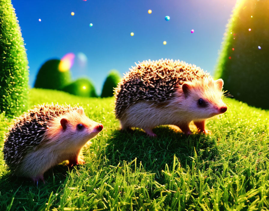 Hedgehogs on grass under starry sky with colorful lights and green bushes