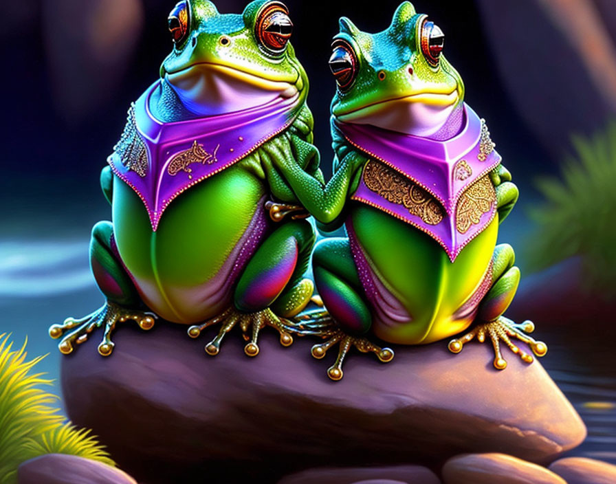 Colorful stylized frogs in ornate attire on rock in dark setting