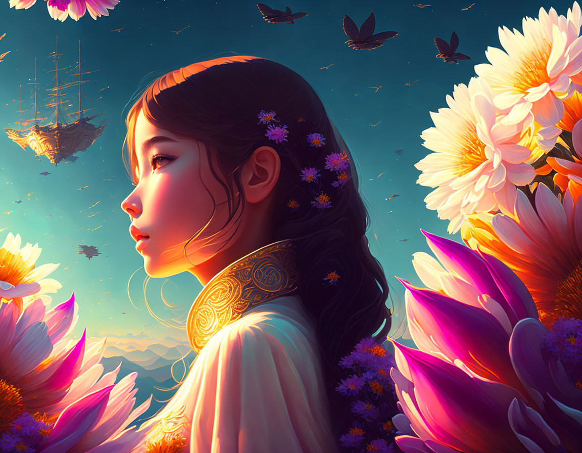 Digital artwork featuring young girl with flowers, blooming flowers, floating ships, and birds.