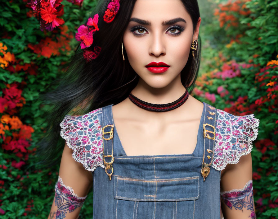 Dark-haired woman with striking makeup, red flowers, tattoos, denim overalls, lace details, and