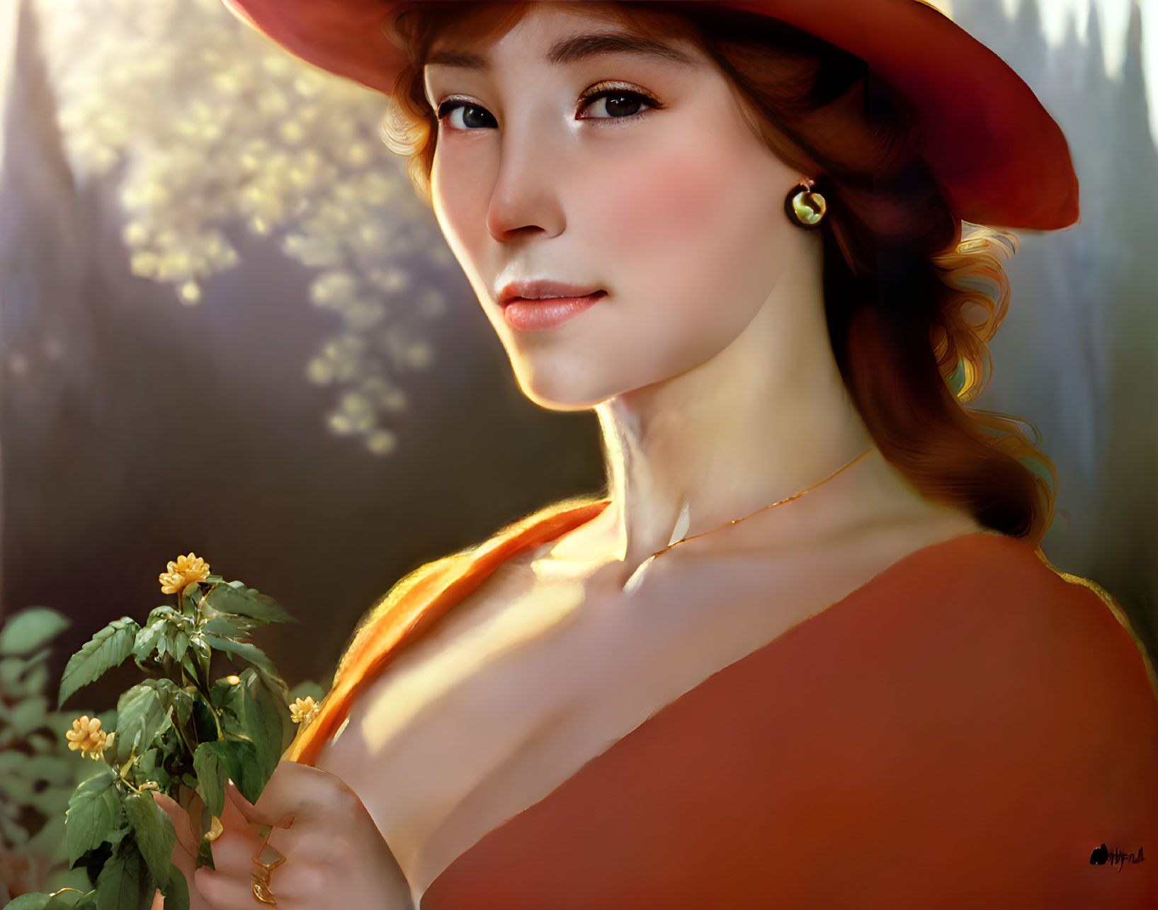 Woman in red hat and dress holding yellow plant in sunlight