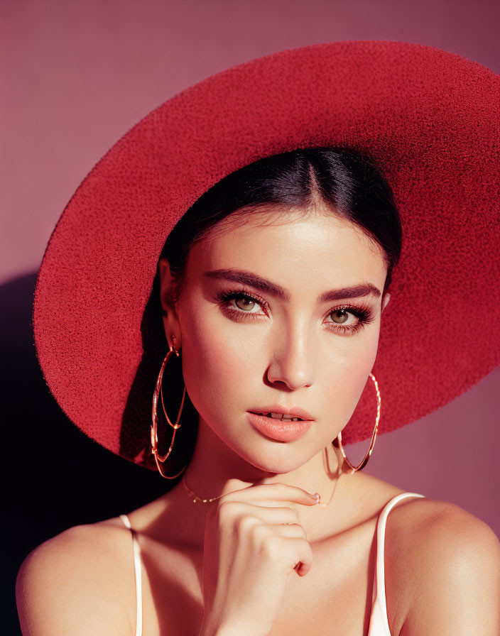 Woman in red wide-brimmed hat and hoop earrings on pink background