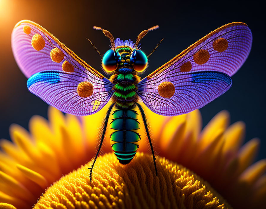 Colorful Stylized Insect on Yellow Flower in Digital Art