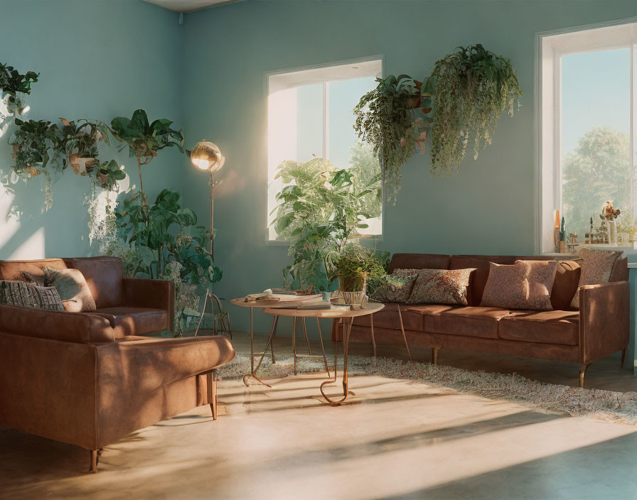 Sunlit Living Room with Brown Leather Couch & Indoor Plants