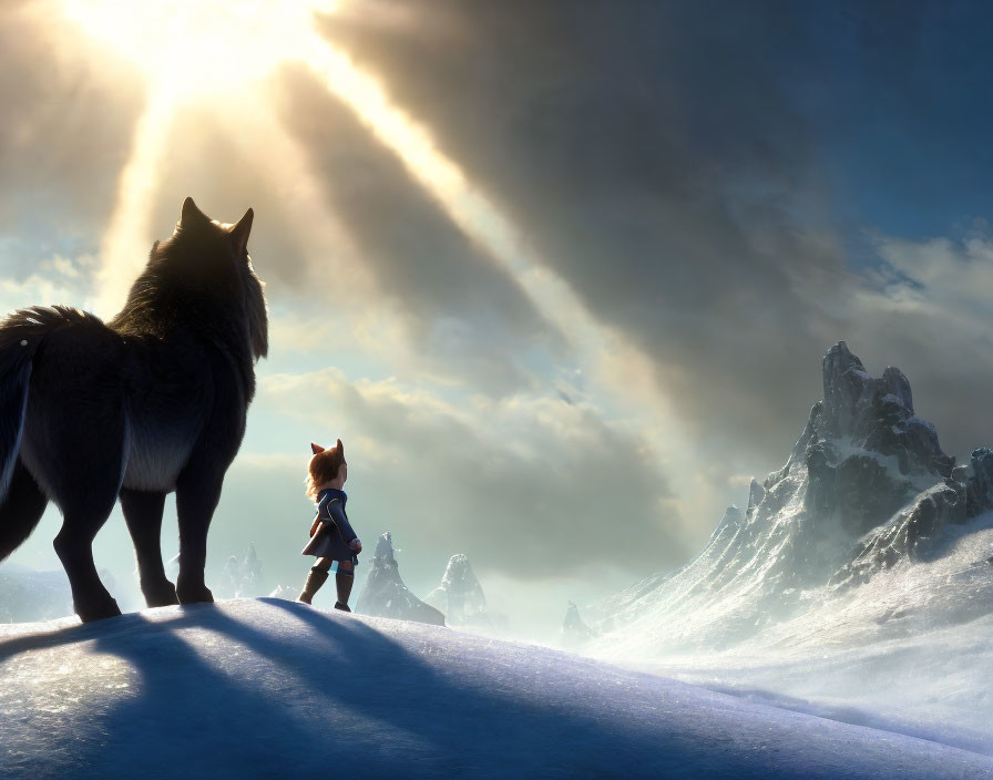 Animated character confronts wolf in snowy landscape with sunbeams and icy mountains