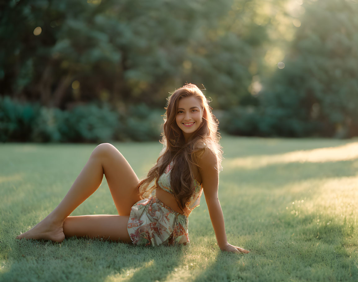 Young woman in floral outfit smiles on lush green lawn