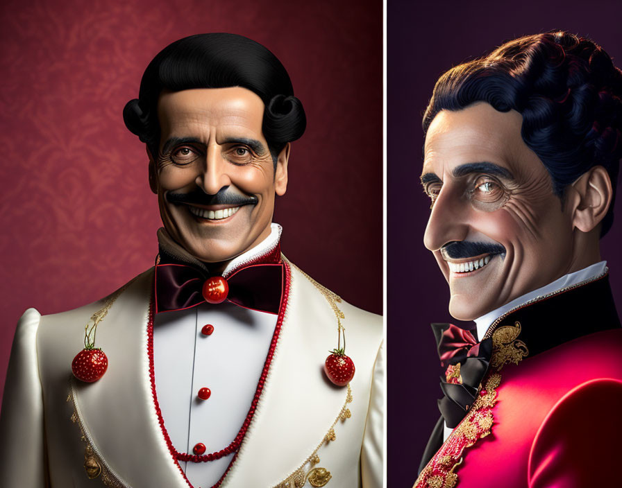 Male character in formal attire with mustache in two poses and styles on burgundy background