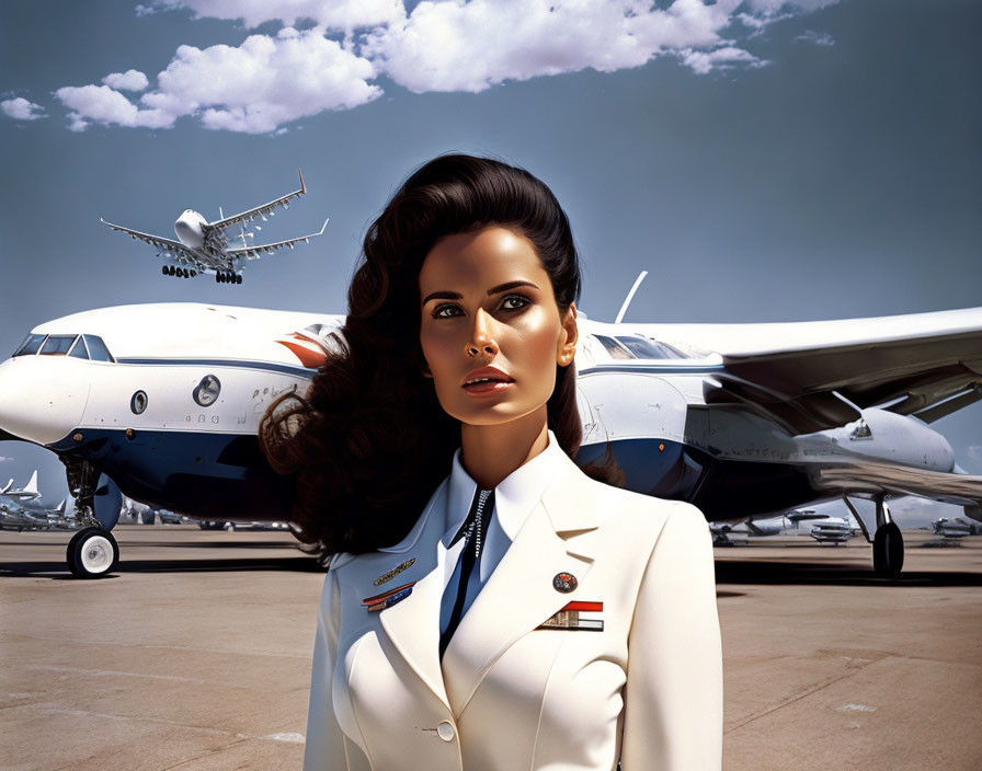 Stylized illustration of woman in pilot's uniform with twin-engine jets under blue sky.