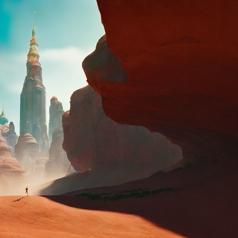 Figure approaching castle in red rock landscape under hazy sky