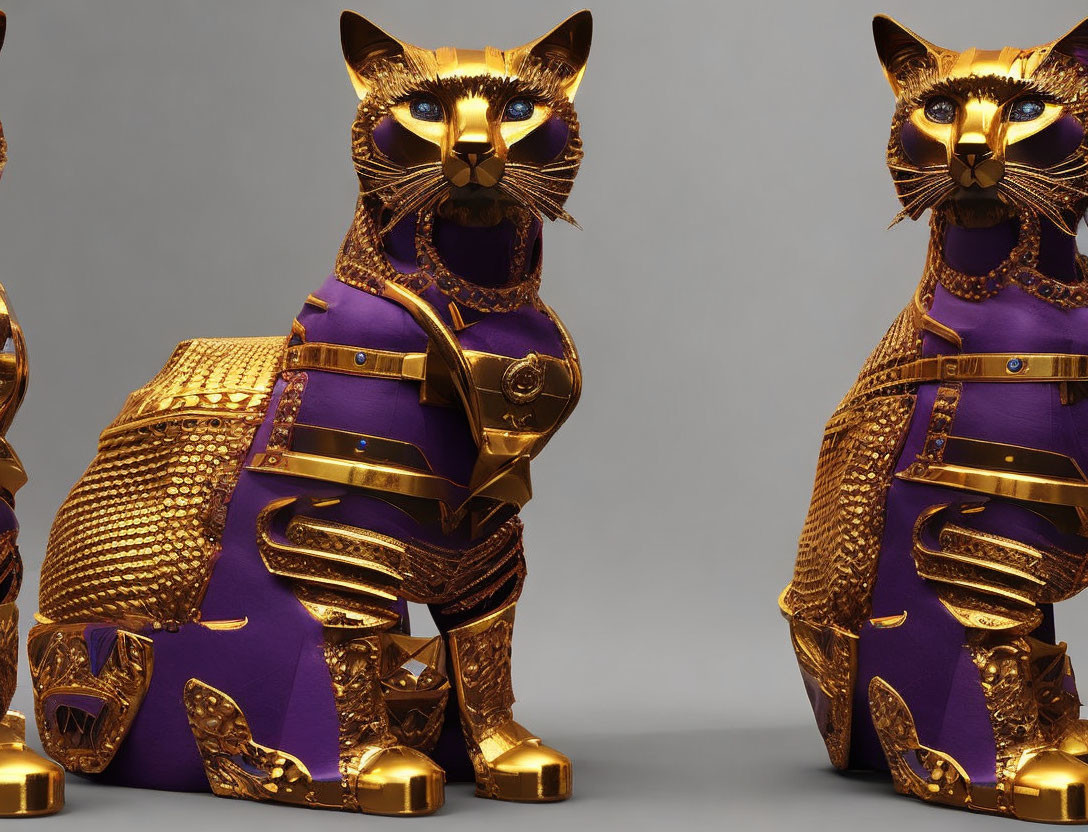 Golden-armored cat statues with purple cloaks on grey background