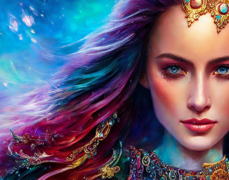 Colorful portrait of woman with multicolored hair and blue eyes against cosmic backdrop