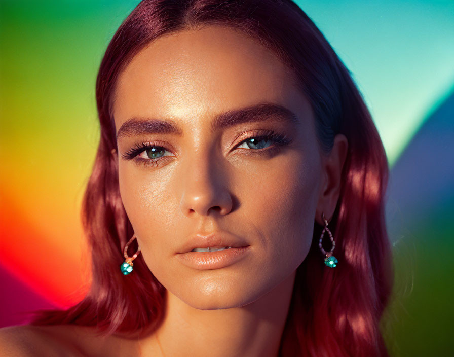 Brown-haired woman with blue earrings on vibrant background