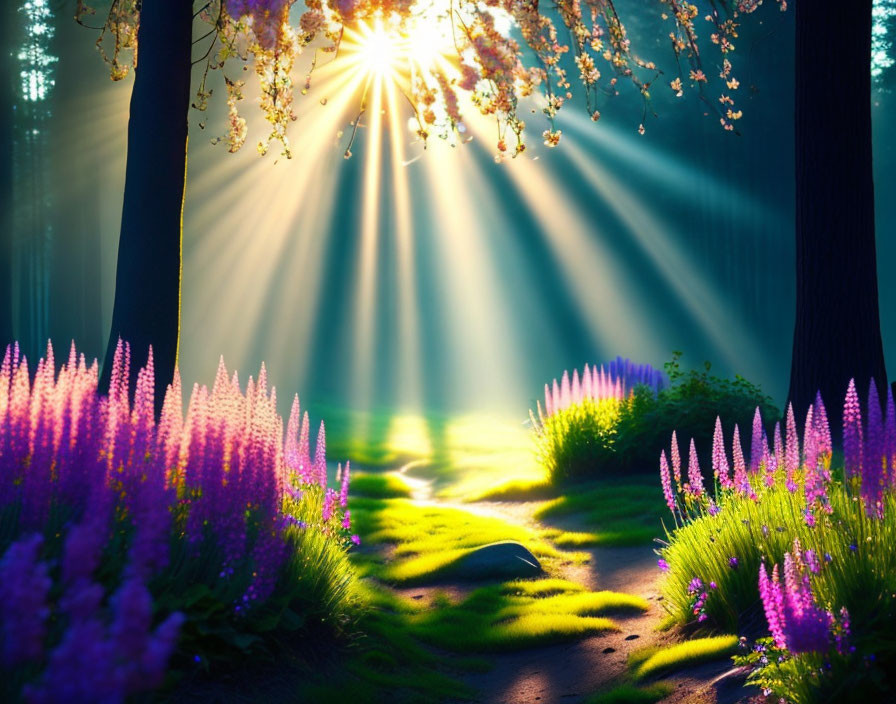 Forest Path with Vivid Purple Wildflowers and Sunbeams