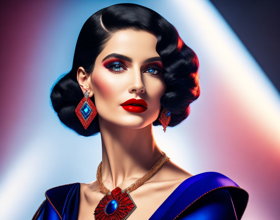 Vintage-inspired woman in blue attire with bold makeup and colorful accessories