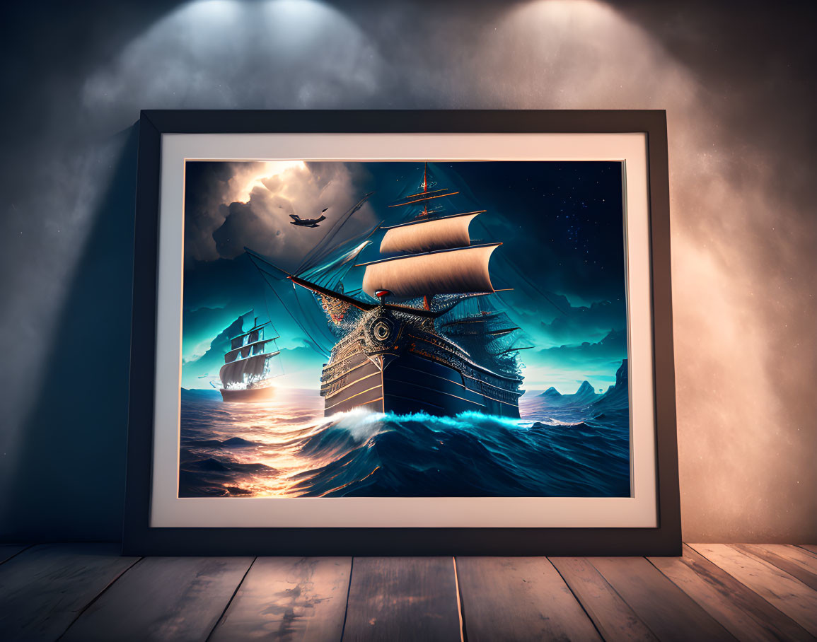 Framed Image of Sailing Ships on Turbulent Sea at Night