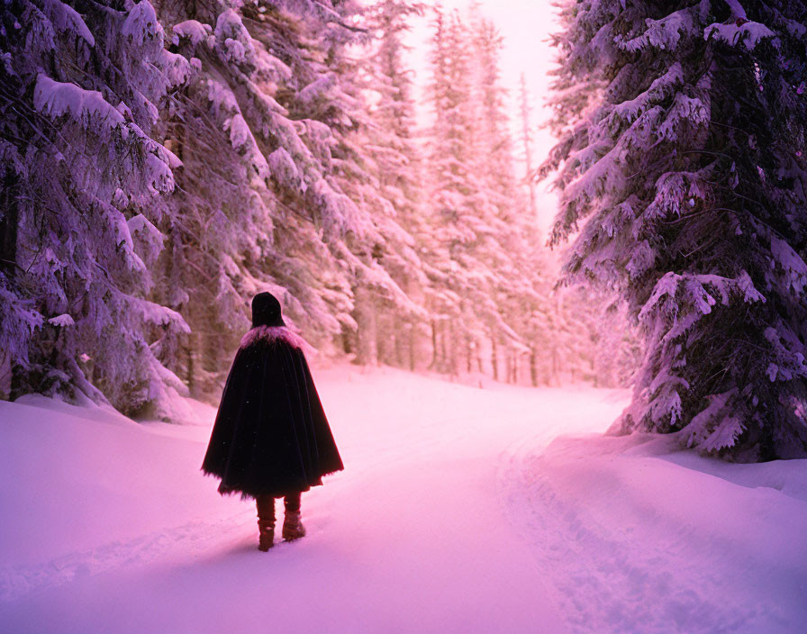 Person in Black Cloak Walking on Snowy Path Through Pink-Tinted Forest