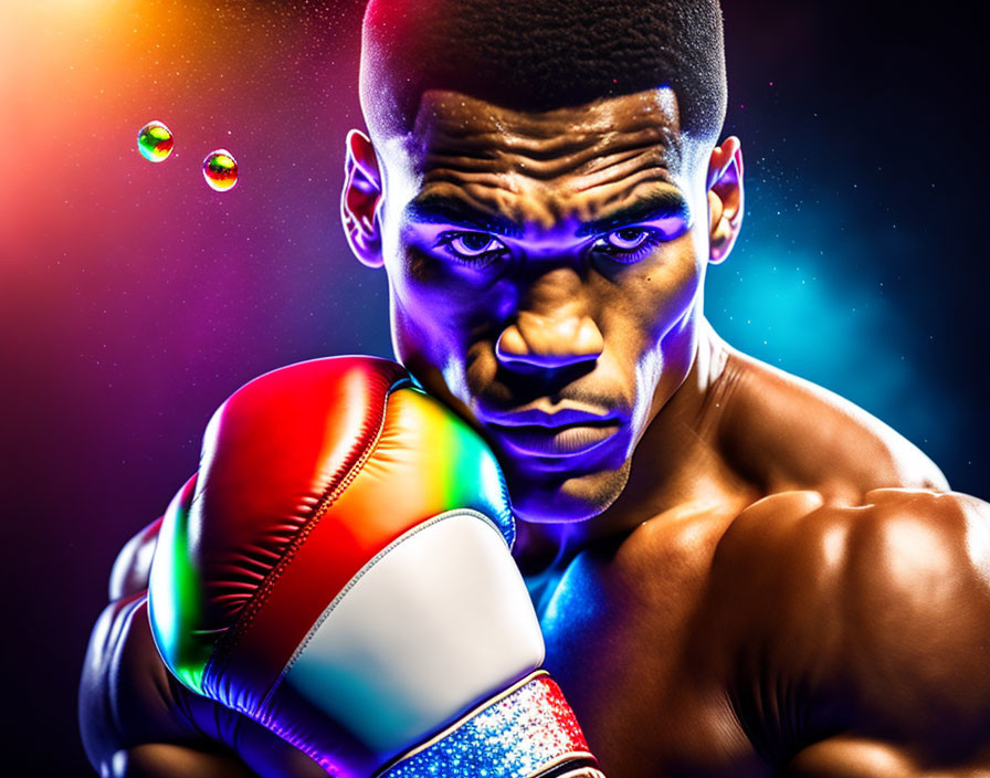 Intense boxer in colorful gloves amid neon lights and bubbles