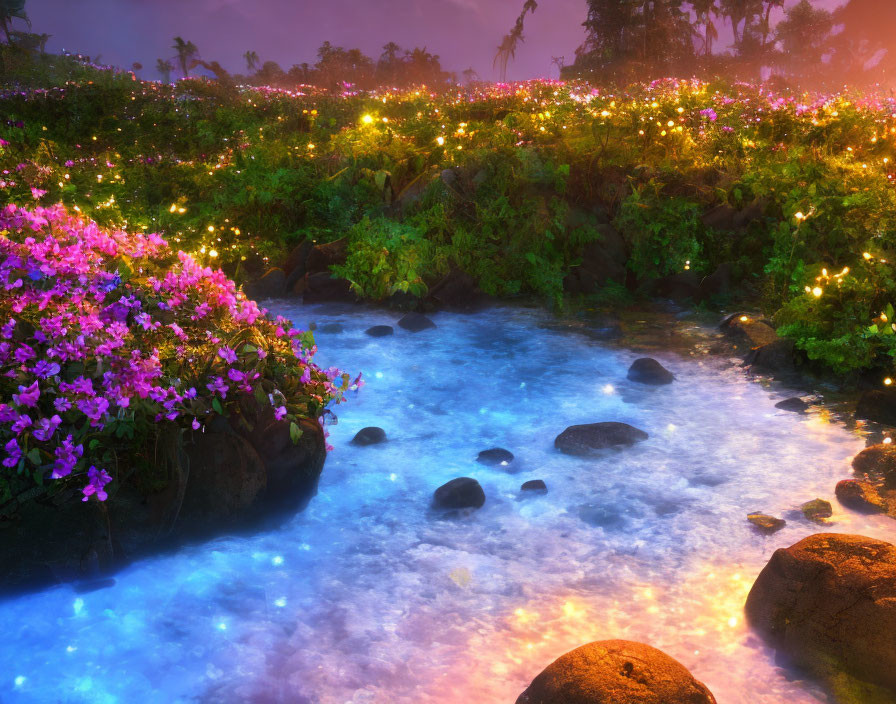 Lush foliage and glowing bioluminescent stream in twilight scene