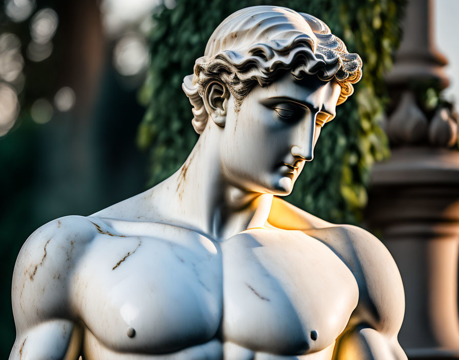 Classical marble statue of muscular male with curly hair and somber expression.