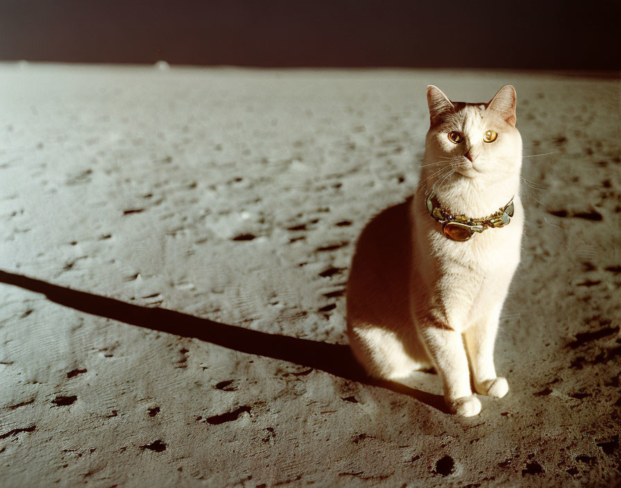 Cream-Colored Cat with Collar on Sandy Surface Casting Long Shadow