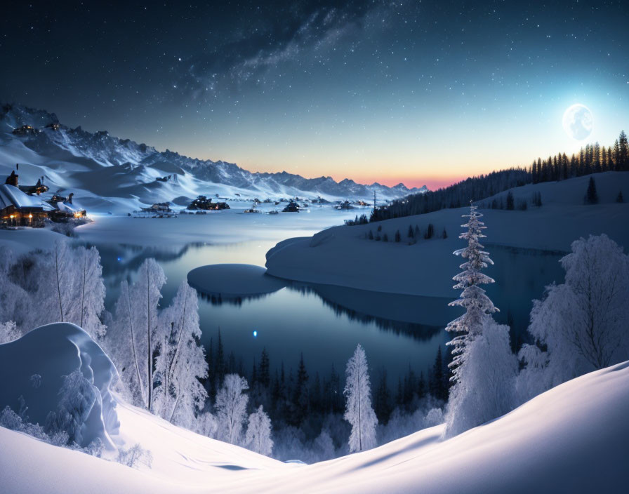 Snow-covered winter night landscape with lake, frosty trees, starry sky, and full moon.