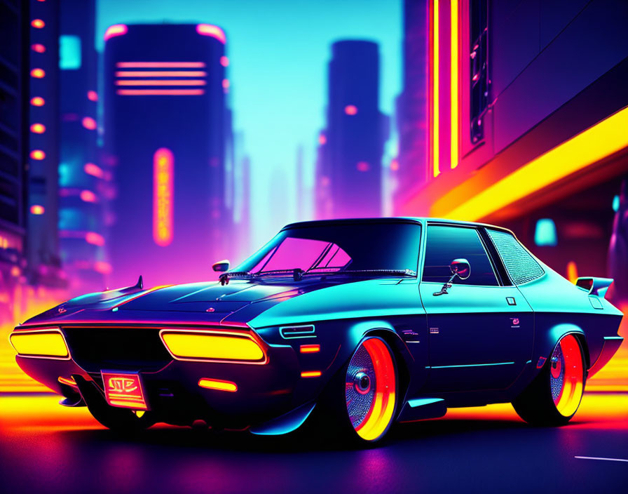 Vintage car with glowing wheels in neon-lit cityscape