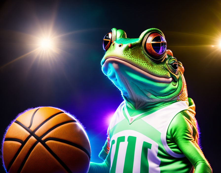 Stylized frog in basketball jersey with ball under dramatic lighting