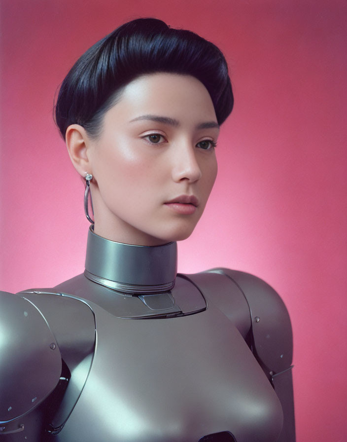 Female humanoid robot with realistic face and metallic body on pink background