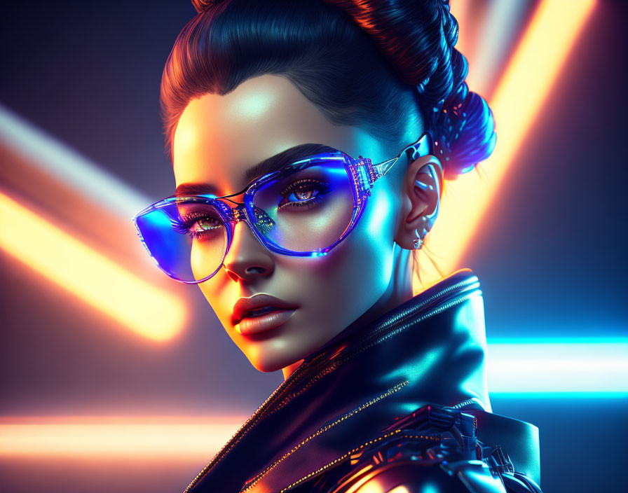 Digital artwork: Woman with glowing glasses, stylish hair, and leather jacket under neon lights