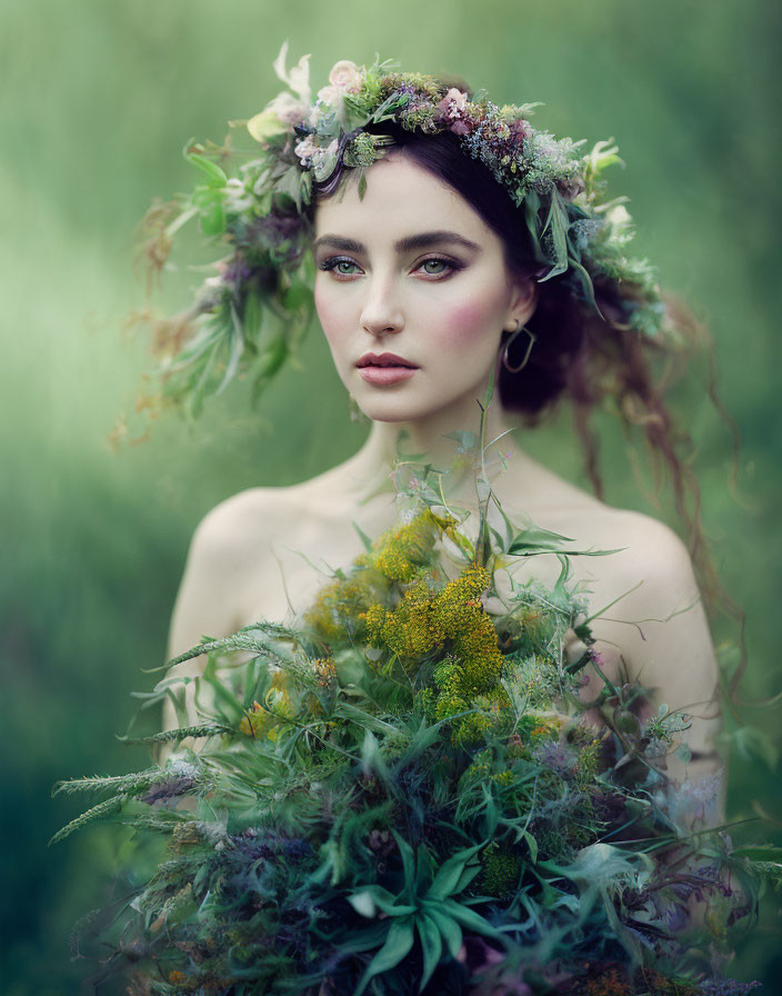 Woman with floral crown in serene gaze amidst green foliage