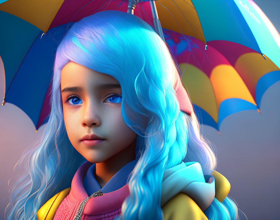 Vibrant Blue-Haired Girl with Colorful Umbrella in Digital Art