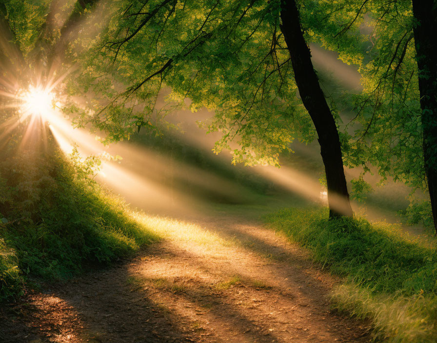 Forest path illuminated by sunbeams through trees