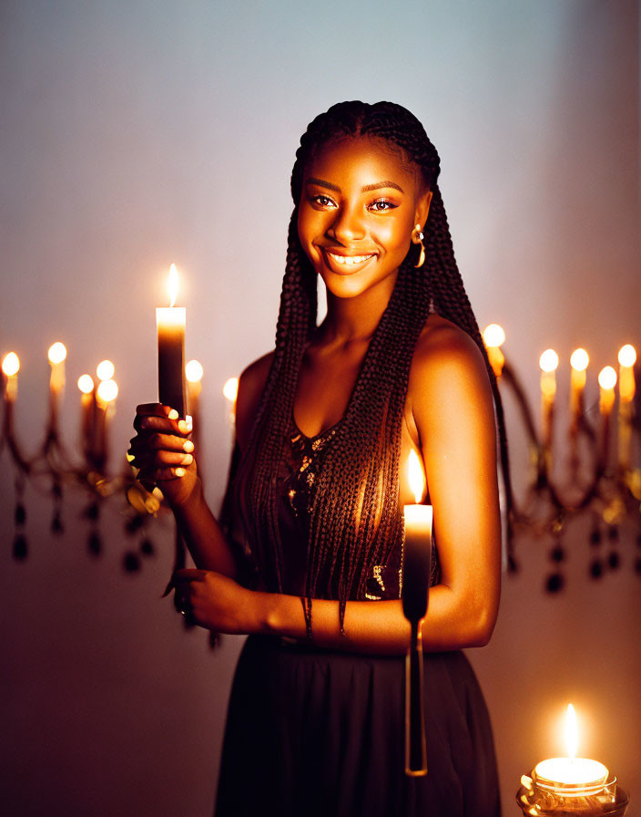 Smiling woman with braided hair holding lit candle in warm candlelit setting