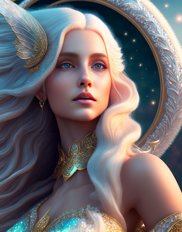 Fantasy illustration of a woman with white hair, blue eyes, golden wings, and glowing halo.