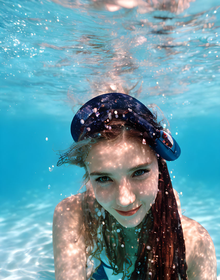 Young girl with wet hair and blue headband smiling underwater in clear blue pool surrounded by bubbles