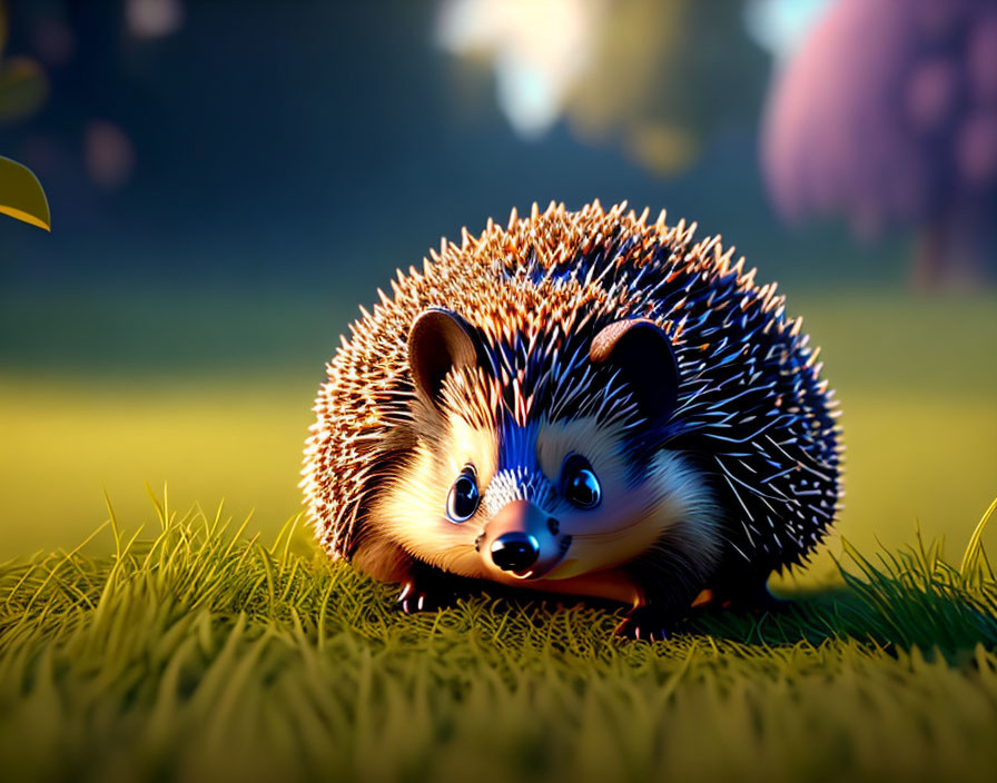 Animated hedgehog with large blue eyes in vibrant green field