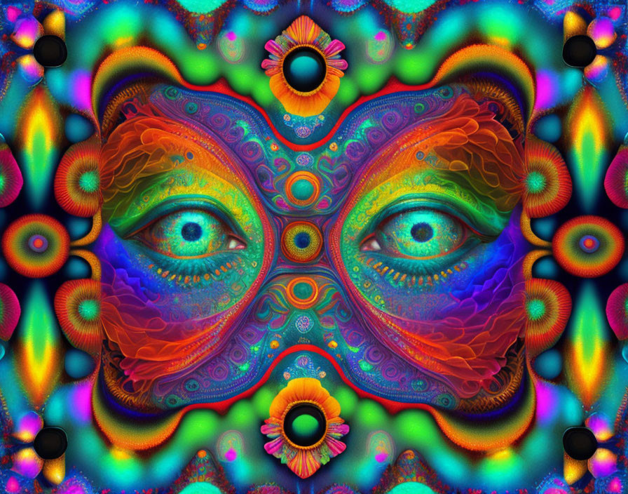 Symmetric face with vibrant colors and floral motifs