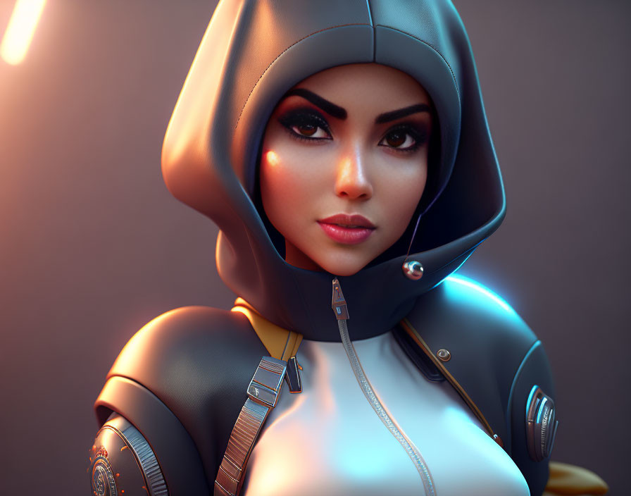 Futuristic digital artwork of a woman in illuminated hoodie and suit