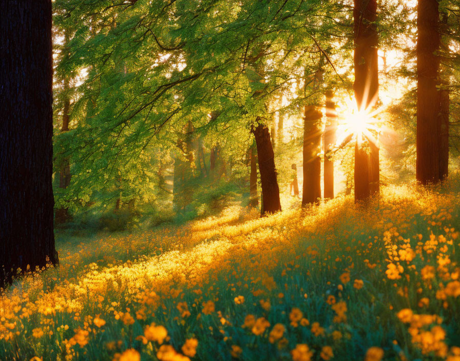 Vibrant yellow flowers under sunset in lush forest setting